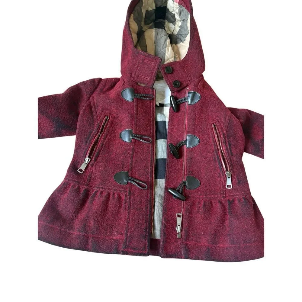 Burberry Girls Wool Blend Pea Coat size 8 Y Toggle Closure Red Nova Check Lined
